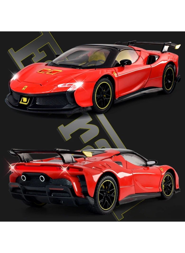عام **نموذج سيارة رياضية Ferrari من السبائك - أبواب قابلة للفتح ومصابيح أمامية مضاءة، نسخة طبق الأصل عالية الدقة، حرفة فاخرة، سيارة لعبة قابلة للجمع** - Image 2